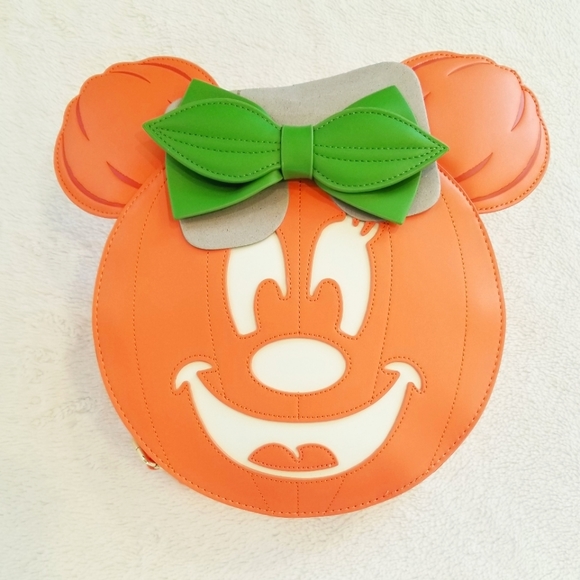 Loungefly Disney Glow Face Minnie Pumpkin Double Strap Backpack Purse Halloween - Picture 6 of 15